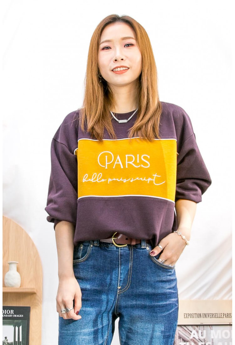 2311-1502A - 隨意 - ' PARIS ' 英文字刺繡 ‧ 拼色雙面料TOP (韓國) 0